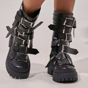 AKIRA Black Multi-Buckle Combat Boots
